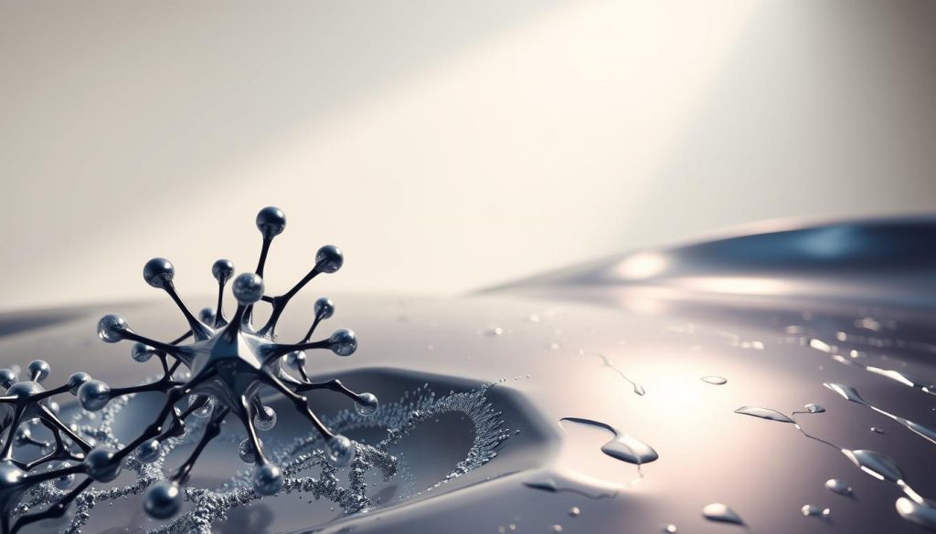 A visually striking and scientifically accurate illustration of self-regenerating materials, showcasing a futuristic and innovative technology. The foreground depicts a molecular structure, intricate and dynamic, representing the core of the self-healing process. The middle ground features a glossy, smooth surface with a subtle iridescent sheen, hinting at the advanced material composition. The background is a clean, minimalist environment, allowing the materials to take center stage, bathed in soft, directional lighting that accentuates the textures and depth. An overall sense of scientific progress and technological advancement permeates the scene, capturing the essence of this innovative technology.