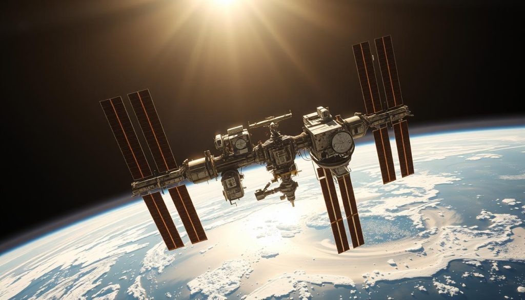 A wide, panoramic view of the International Space Station (ISS) in orbit, majestically floating against the backdrop of the Earth. The station is depicted in exquisite detail, with its solar panels, habitation modules, and research laboratories clearly visible. The lighting is soft and natural, with the Earth's atmosphere casting a warm, golden glow on the structure. The scene conveys a sense of awe and wonder, capturing the evolution of this remarkable scientific outpost over the years, from its initial construction to its current state-of-the-art configuration. The image is captured from a slightly elevated angle, providing a sweeping vista that showcases the ISS's place in the vast expanse of space.
