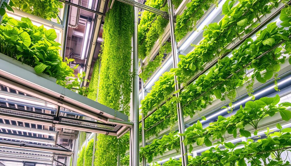 Hydroponic systems in vertical farms, with lush, verdant greenery cascading down multiple tiers. Bright, natural lighting illuminates the intricate network of grow beds, nutrient-rich solutions, and precision irrigation systems. Sleek, modern architecture provides the framework, seamlessly integrating technology and sustainable agriculture. Metallic accents and clean lines convey a sense of efficiency and innovation, while the vibrant colors of the flourishing plants create a visually striking contrast. The scene exudes a calm, futuristic atmosphere, hinting at the advanced techniques and technologies powering this urban agricultural revolution.
