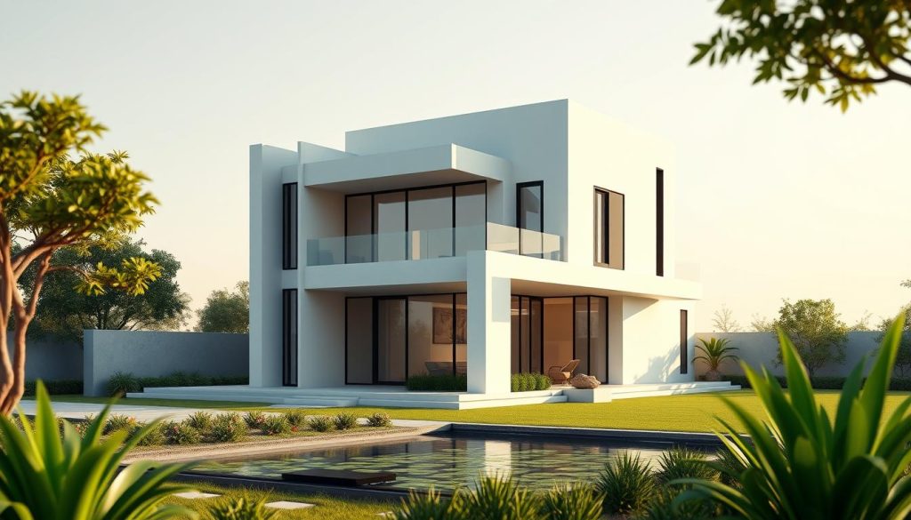 Impressão 3D de casas moderna: A striking, contemporary 3D-printed home design, featuring clean lines, sleek angles, and a minimalist aesthetic. The structure stands tall against a backdrop of soft, ambient lighting, casting dramatic shadows that accentuate its architectural details. The scene depicts the home from a slightly elevated angle, capturing its impressive scale and seamless integration into a serene, natural setting. Vibrant greenery and a tranquil water feature in the foreground add a touch of organic harmony, while the overall composition conveys a sense of modern sophistication and technological innovation.