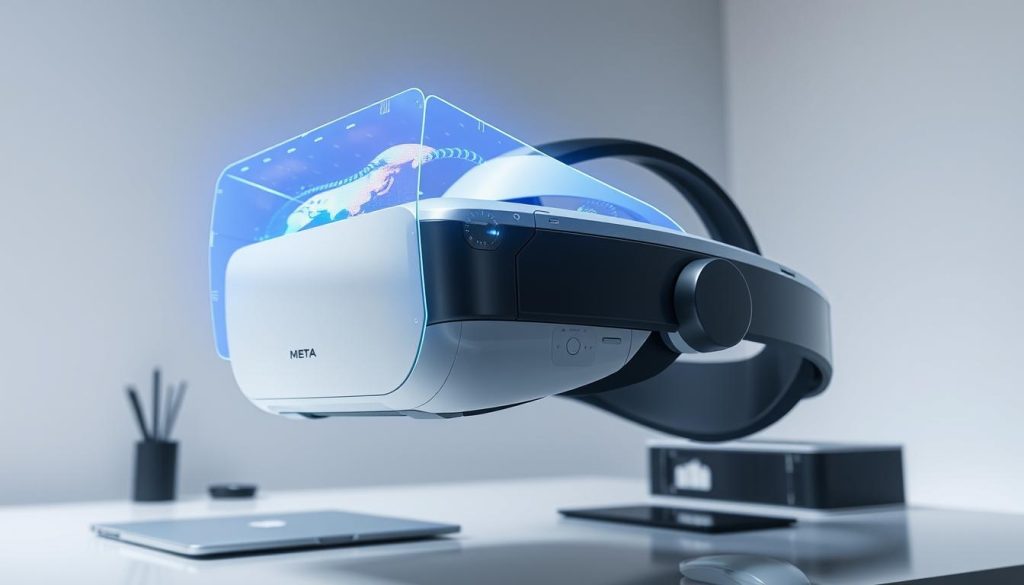 Meticulously detailed next-generation Meta Quest 3S augmented reality headset, floating above a sleek, minimalist workspace. Gleaming white and gunmetal chassis, precision-engineered with clean, streamlined curves. Vivid, lifelike holographic displays projected with pinpoint accuracy, seamlessly blending digital and physical realms. Ambient lighting casts a soft, ethereal glow, creating an atmosphere of futuristic innovation. The device's camera system captures the user's surroundings with crystal clarity, powering advanced AR applications. A vision of Mark Zuckerberg's bold technological future, where the boundaries between our world and the digital realm fade away.
