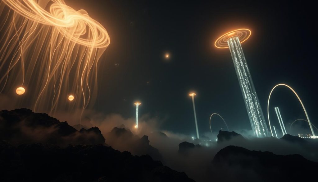 Mysterious luminous phenomena dance in the night sky, cascading ribbons of light undulating with otherworldly grace. In the foreground, glowing orbs hover, their radiance casting an ethereal glow upon the rugged, shadowed landscape below. Amidst wisps of mist, shimmering arcs and pillars of light reach skyward, their source obscured, their nature a profound mystery. The mood is one of awe and wonder, a sense of the sublime juxtaposed with the unknown. Capture this scene with a cinematic wide-angle lens, the lighting moody and atmospheric, the composition balanced and harmonious.