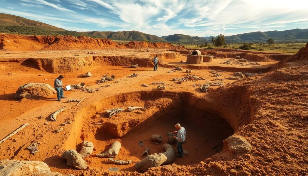 Paleontological excavation site in Santa Maria, Brazil. A vast outdoor dig site, unearthing ancient fossils from the Triassic period, approximately 200 million years old. Dusty, ochre-colored earth gives way to exposed rock formations, revealing the remarkable remains of long-extinct creatures. Archaeologists painstakingly brush away sediment, carefully exposing delicate bones and teeth. Sunlight filters through wispy clouds, casting dramatic shadows across the scene. Rugged, rolling hills create a dramatic, rural backdrop. A momentous discovery that sheds light on prehistoric life in South America.
