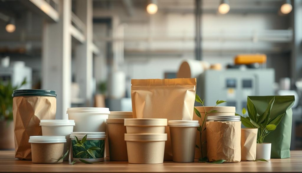 Photorealistic image of a collection of sustainable, biodegradable packaging solutions. In the foreground, various environmentally-friendly containers made from natural materials such as plant-based bioplastics, bamboo, and recycled paper. These are arranged in a visually appealing, still-life composition, with soft, warm lighting from the side. In the middle ground, a blurred background reveals a modern, minimalist industrial setting, hinting at the innovative manufacturing process. The overall tone is one of clean, natural elegance, reflecting the sustainable and innovative nature of the packaging products.