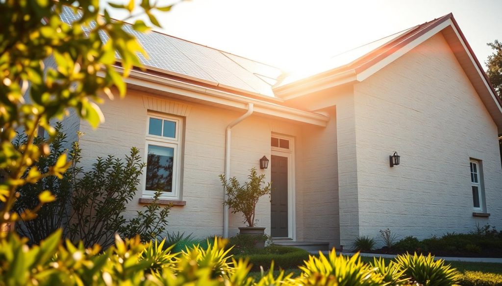 Residential solar paint: A vibrant, sun-drenched home adorned with a gleaming solar panel-infused exterior. Warm, natural lighting illuminates the scene, casting soft shadows across the textured walls. The solar paint absorbs sunlight, seamlessly blending renewable energy technology into the architectural design. In the foreground, a well-manicured garden complements the modern, eco-friendly aesthetic, creating a harmonious, sustainable living environment. Subtle details, like the clean lines and minimalist accents, underscore the innovative, forward-thinking spirit of this residential solar solution.