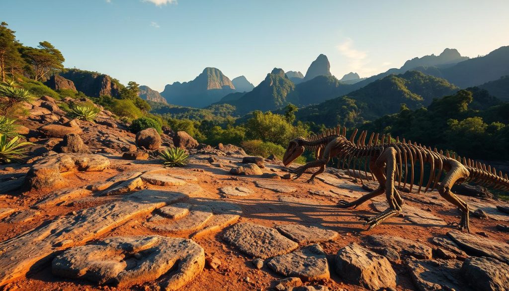 Triassic fossils in the lush Brazilian landscape, ancient remnants of a bygone era. A dramatic foreground showcases exquisitely detailed fossilized skeletons of long-extinct creatures, their forms frozen in time. The middle ground features a rugged, rocky terrain dotted with verdant foliage, hinting at the vibrant ecosystem that once thrived here. In the distance, towering mountains rise, their silhouettes casting long shadows across the scene. Warm, golden lighting bathes the entire composition, evoking a sense of timelessness and wonder. The overall mood is one of reverence and contemplation, inviting the viewer to ponder the mysteries of this prehistoric world preserved within the Brazilian landscape.