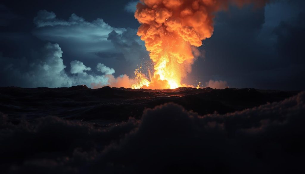 Underwater volcanic eruption off the coast of Tonga, South Pacific. A fiery plume of molten rock and superheated steam bursts forth from the ocean's depths, casting an ethereal glow across the swirling waves. Billowing clouds of ash and smoke obscure the horizon, while shimmering columns of water are ejected high into the air. In the foreground, the turbulent surface is illuminated by the incandescent display, capturing the raw power and dynamic nature of this geological phenomenon. Dramatic lighting, with deep shadows and highlights, creates a sense of awe and grandeur. Captured from a low angle, the scene emphasizes the scale and intensity of this remarkable natural event.